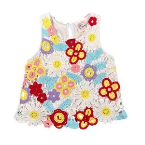 Love Daisy Kids Crochet Floral Sleeveless Top White Multi Color Applique Large